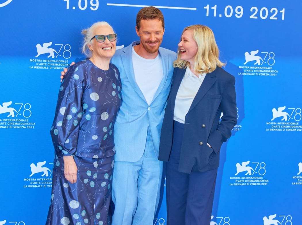 Jane Campion, Benedict Cumberbatch and Kirsten Dunst at the Venice Film Festival where Campion's "Power of the Dog" has won Best Director.