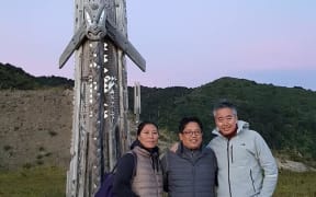 Dhamey Tenzing Norgay (centre) and Norbu Tenzing (right), sons of Nepal's most famous Sherpa Tenzing Norgay visit Mt Hikurangi.