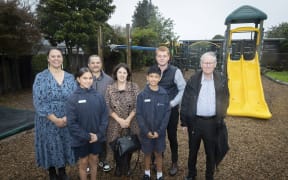 Rotorua Seventh Day Adventist School has a new playground. (l-r) Princpal Lanea Strickland, Zoey Wikiringi 12, Murray Robinson, Victoria Finch, Dante Temara 12, Mike Heard, and Roger Marshall.  01 May 2023 The Daily Post Photo / Andrew Warner
RGP 04May23 -
