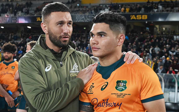 Quade Cooper consoles a dejected Noah Lolesio.
New Zealand All Blacks v Australia Wallabies. Bledisloe Cup rugby union test match. Eden Park, Auckand, New Zealand. Saturday 7 August 2021. Â© Mandatory photo credit: Andrew Cornaga / www.photosport.nz