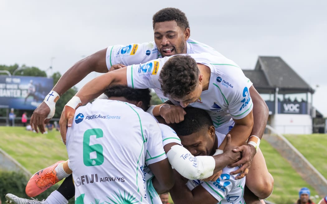 Fijian Drua replacement Taniela Rakuro celebrates scoring the match winning try, to win 36-34  - Super Rugby Paciﬁc - Moana Pasiﬁka v Fijian Drua at Mt Smart Stadium, Auckland