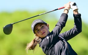 BELLEAIR, FLORIDA - NOVEMBER 12: Amateur Kai Trump of the United States plays a shot from the 16th tee prior to The ANNIKA driven by Gainbridge at Pelican 2025 at Pelican Golf Club on November 12, 2025 in Belleair, Florida. (Photo by Julio Aguilar/Getty Images)