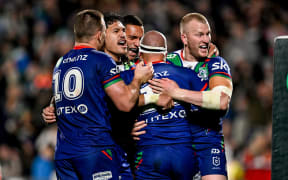 One NZ Warriors team celebrates.
One NZ Warriors v Melbourne Storm, round 15 of the Telstra NRL Premiership at Go Media Stadium, Mt Smart, Auckland, New Zealand on Saturday 15 June 2024. © Photo: Andrew Cornaga / Photosport