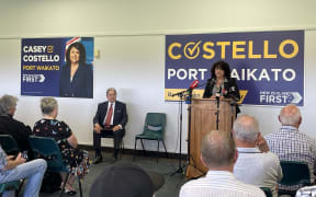 Casey Costello, right, and Winston Peters at the launch of New Zealand First’s campaign for the Port Waikato by-election.