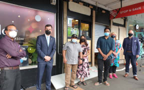 From left: Kalpesh Patel, owner of Hilltop Superette, ACT Party leader David Seymour, Stop-N-Save Superette owners Dave Kumer and Sumi and staff member, Parnell Business Association manager Cheryl Adamson, Newmarket Business Association chief executive Mark Knoff-Thomas.
