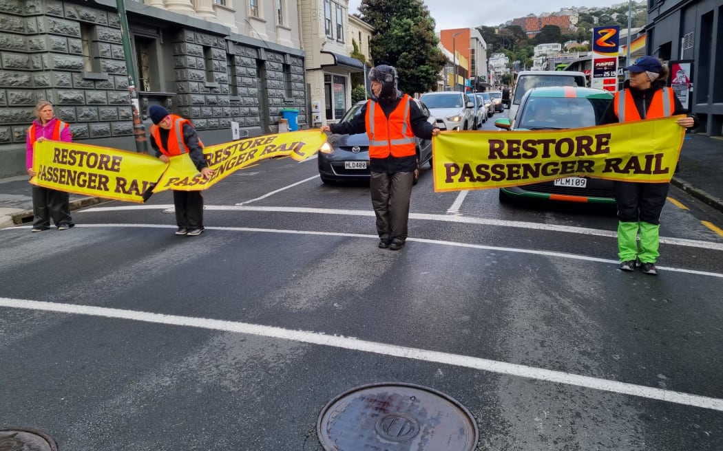 Protesters block traffic on Vivian Street, at the corner of Cuba Street, Wellington, 24 April 2023.