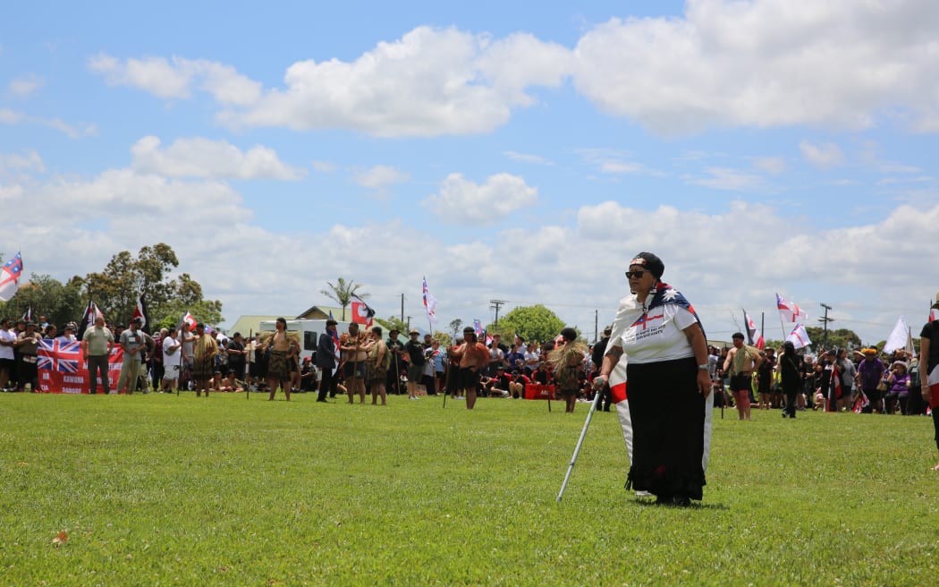 Kuia leads karanga during pōwhiri in Dargaville.