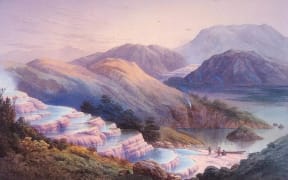 A painting of the pink and white terraces. The landscape is bathed in pink and orange light. Water cascades down the pink terrace, flanked on either side by trees.