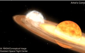 A red giant star and white dwarf orbit each other in this animation of a nova. 
https://blogs.nasa.gov/Watch_the_Skies/2024/02/27/view-nova-explosion-new-star-in-northern-crown/