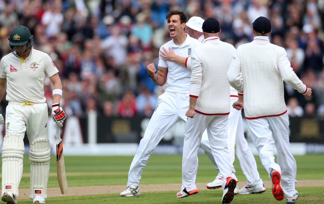England bowler Steve Finn celebrates a wicket 2015.