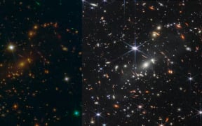 SMACS 0723 galaxy cluster – from Hubble on the left, and JWST on the right. Hundreds more galaxies are visible in JWST’s infrared image.