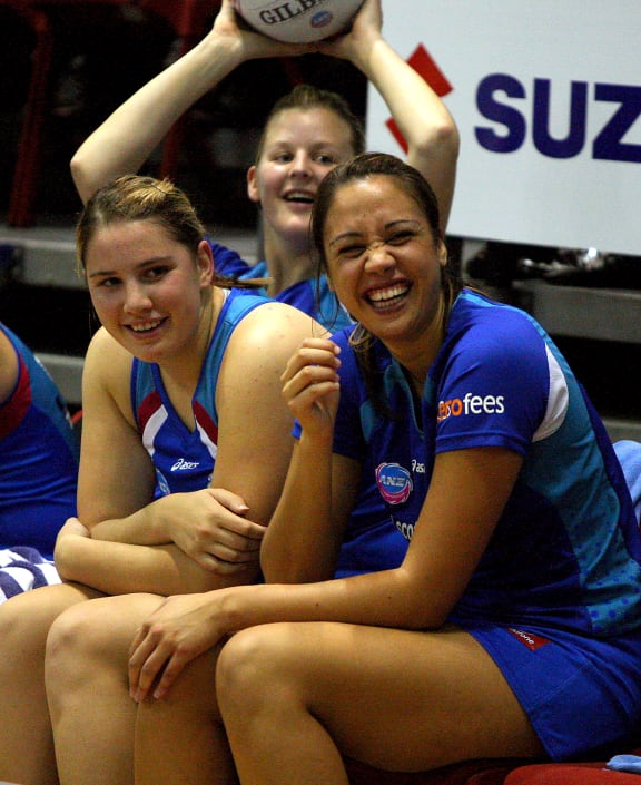Te Huinga Selby-Rickit, Katrina Grant and Daneka Wipiiti during the 2008 ANZ Netball Championship.