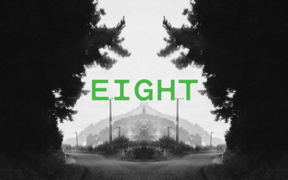 Podcast episode image for the 'Mr Lyttle Meets Mr Big' podcast. A moody black and white photograph of a rural road is mirrored vertically creating a Rorschach like effect with the episode number 'EIGHT' overlaid in vibrant green.