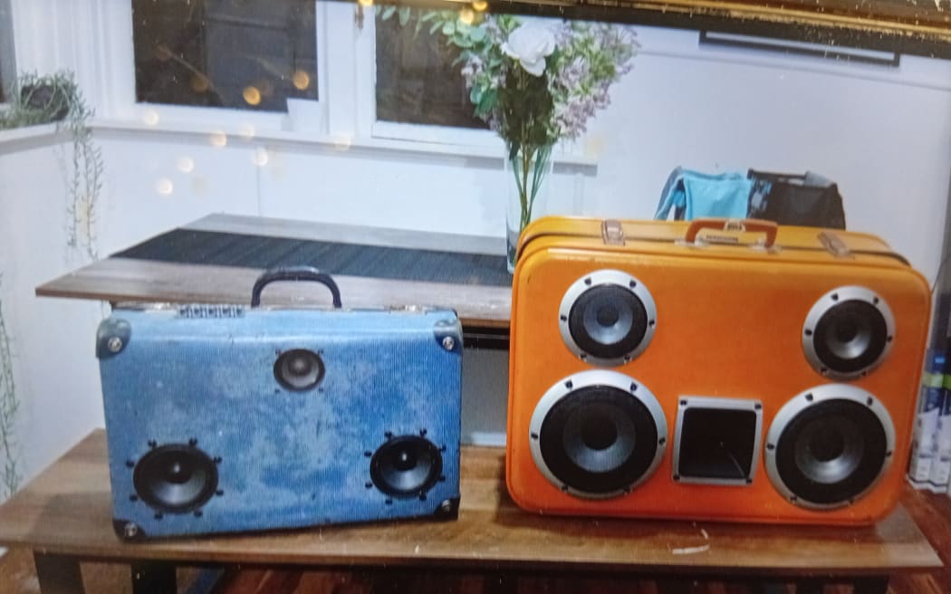 Picture depicts two sound systems made using old suitcases.