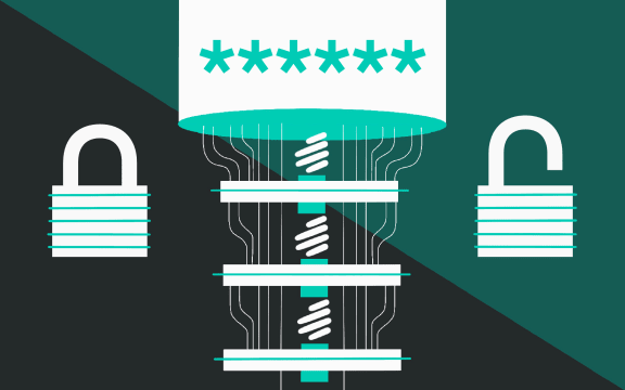 Stylised illustration of quantum computer and open lock