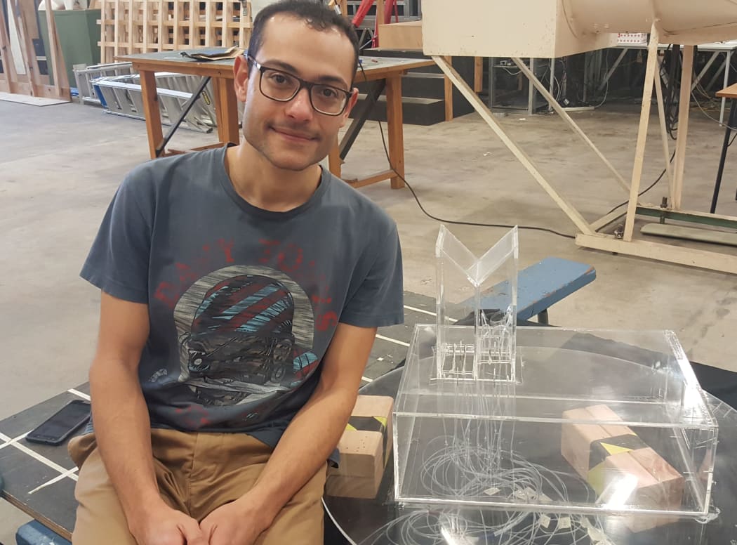 University of Auckland PhD student Ahmed Zake is using a wind tunnel to measure and model air movement in a small model of an Iranian school, which features a 2-sided wind tower to 'catch' the wind and provide ventilation.