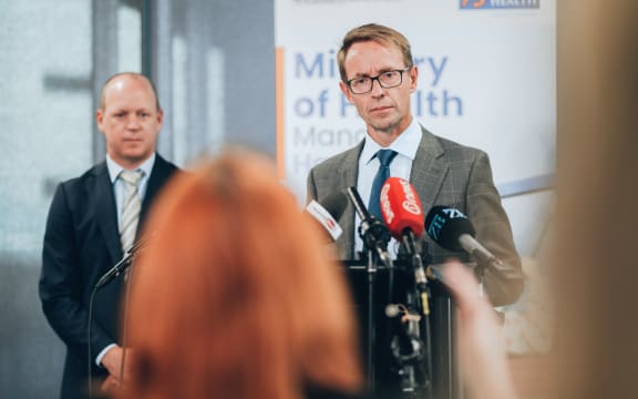 Medsafe group manager Chris James and Director General of Health Ashley Bloomfield during the Pfzier vaccine approval announcement
