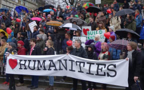 Protesters at Otago University rally against staff cuts proposed for the arts departments.
