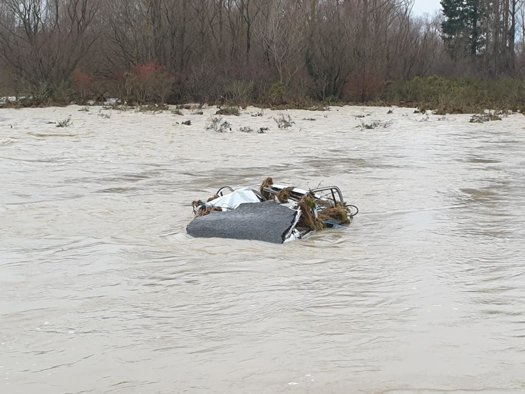 Wreckage of a car in the Ashburton Forks area, inland from Ashburton.