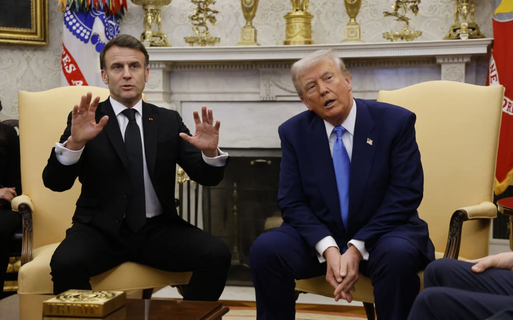US President Donald Trump meets with French President Emmanuel Macron in the Oval Office of the White House in Washington, DC, on February 24, 2025.