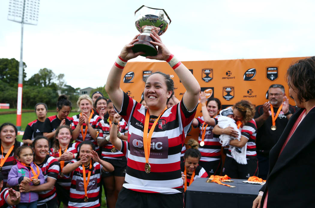 Counties Manukau captain Arihiana Marino holds the Farah Palmer Cup after win over Auckland