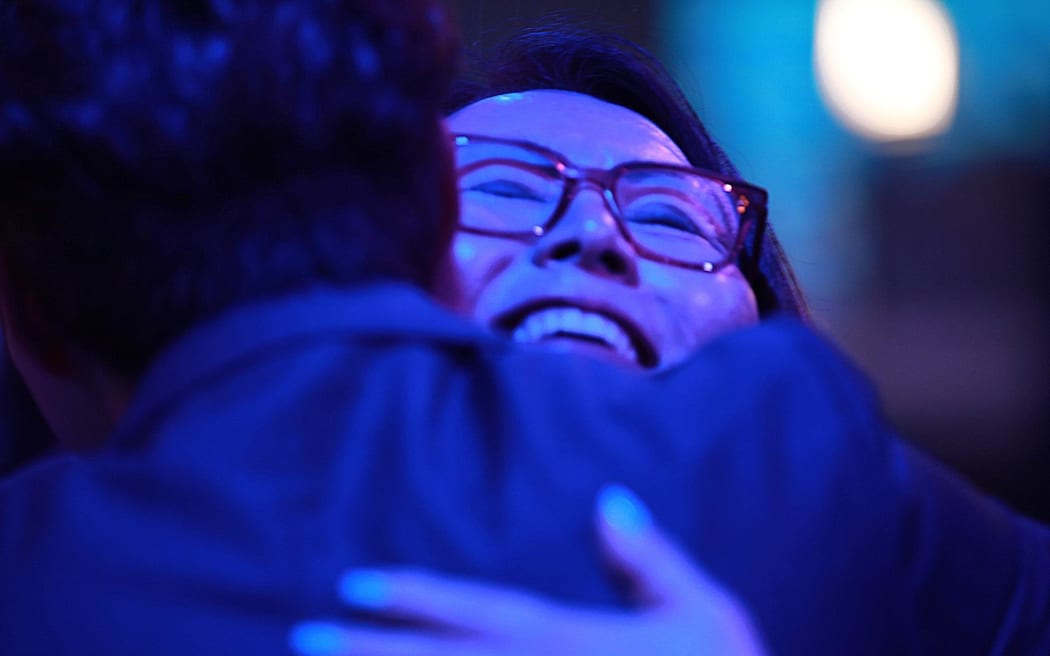 National's Melissa Lee celebrates at the Viaduct in Auckland.