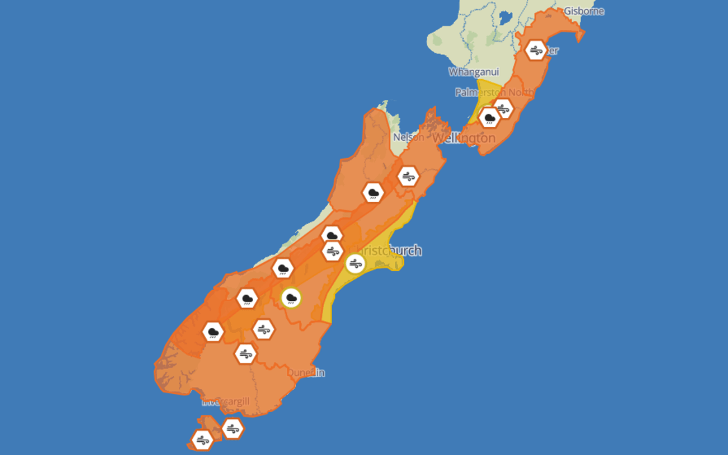 Orange strong wind and heavy rain warnings are in place for much of the South Island, while an Orange Strong Wind Warning for Wellington will come into effect at 10pm on Monday.