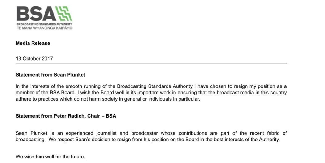 The Broadcasting Standards Authority statement on Sean Plunket's resignation.