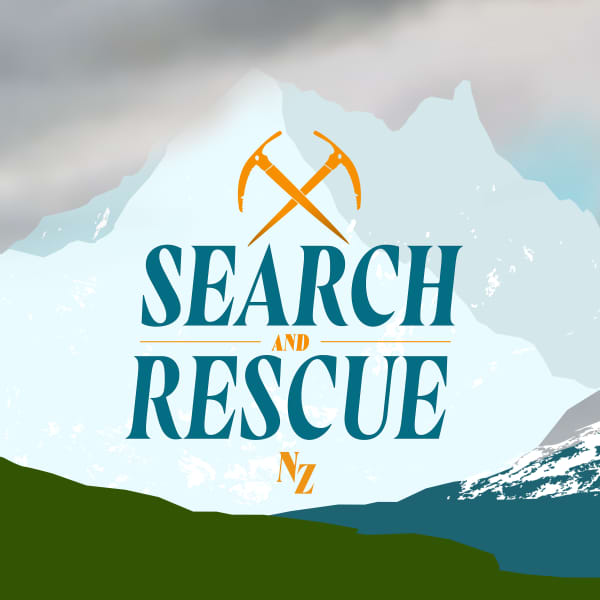 illustration of a mountain with dark cloud and fog starting to descend. Illustration is in a vintage poster style. The Text reads Search and Rescue NZ and features crossed ice picks.