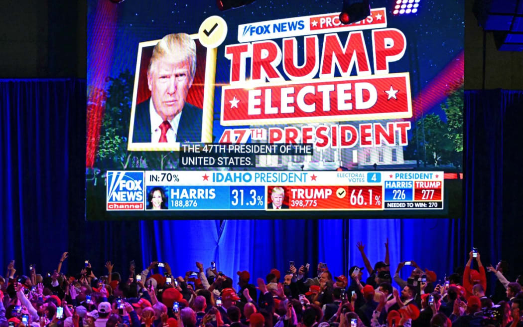 Supporters of former US President and Republican presidential candidate Donald Trump celebrate as Fox News declares him the next President of the United States during an election night event at the West Palm Beach Convention Center in West Palm Beach, Florida, early on 6 November, 2024.
