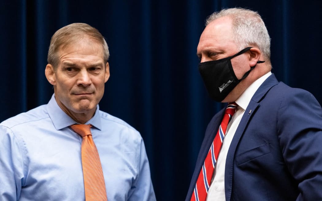 WASHINGTON, DC - JUNE 22: Rep. Jim Jordan (R-OH) (L) talks with Rep. Steve Scalise (R-LA) prior to a House Oversight and Reform Select Subcommittee on the Coronavirus hearing June 22, 2021 on Capitol Hill in Washington, DC. Federal Reserve Board Chairman Jerome Powell will give testimony on the Federal Reserve's response to the coronavirus pandemic.