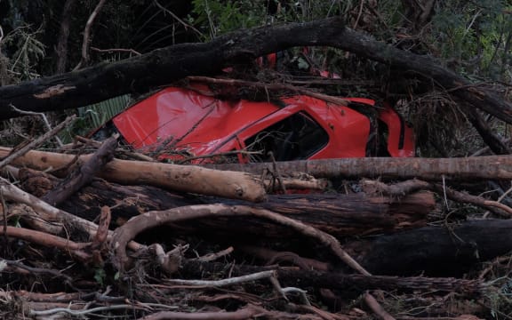 A car was wrecked when it was washed away in the floodwaters in Coromandel.