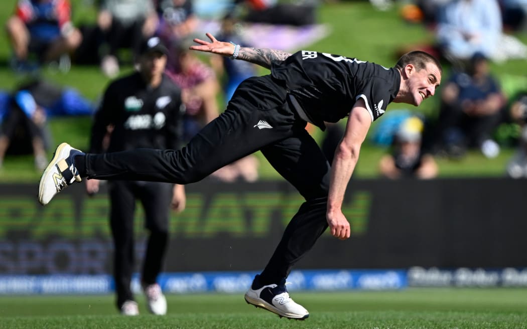 Player of the match Blair Tickner bowls against England for the Black Caps in their second ODI at Seddon Park in Hamilton, 29 October 2025. © Photo: Andrew Cornaga / Photosport