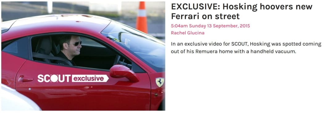 Screenshot of Scout's launch day scoop on Mike Hosking cleaning his car.