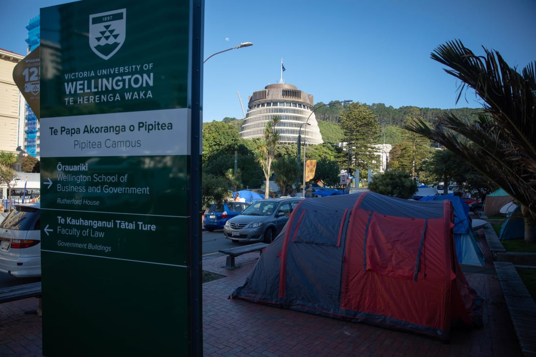 Protesters remain camped outside of Victoria University of Wellington's Pipitea campus