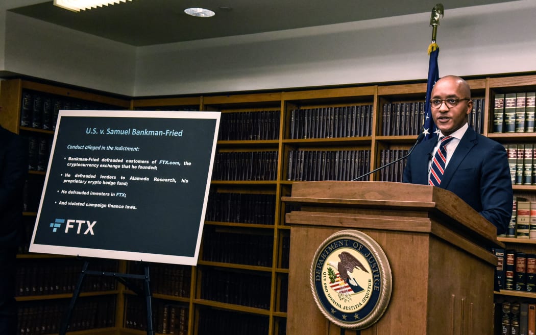 NEW YORK, NY - DECEMBER 13: Damian Williams, US attorney for the Southern District of New York, announces the indictment of Samuel Bankman-Fried on December 13, 2022 in New York City. Bankman-Fried was the founder of the now-bankrupt FTX cryptocurrency exchange and is alleged to have schemed to misappropriate billions of dollars of customer funds deposited with FTX and to distribute tens of millions of dollars of illegal campaign contributions.   Stephanie Keith/Getty Images/AFP (Photo by STEPHANIE KEITH / GETTY IMAGES NORTH AMERICA / Getty Images via AFP)