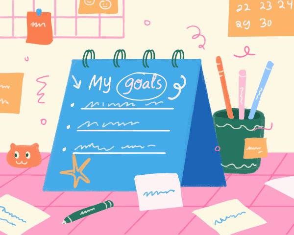 An illustration showing a blue goal setting list with a calendar on the wall behind it and a jar of pencils.