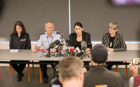 From left to right - Director of Civil Defence and Emergency Management Sarah Stuart-Black, Waikato Police Superintendent Bruce Bird, Prime Minister Jacinda Ardern, and Whakatane Mayor Judy Turner.