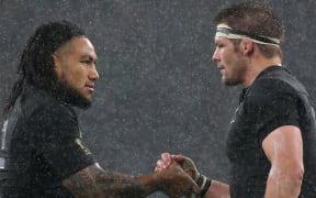 Richie McCaw celebrates with Ma'a Nonu following the semi-final win over South Africa.