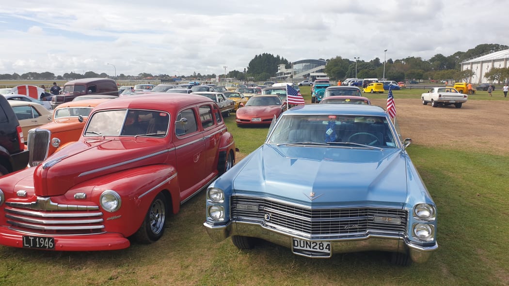 Cars on display for Americarna in Taranaki.