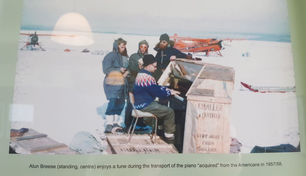 This iconic photo shows the Scott Base pian , shortly after it was acquired by the New Zealanders, being played on the sea ice.