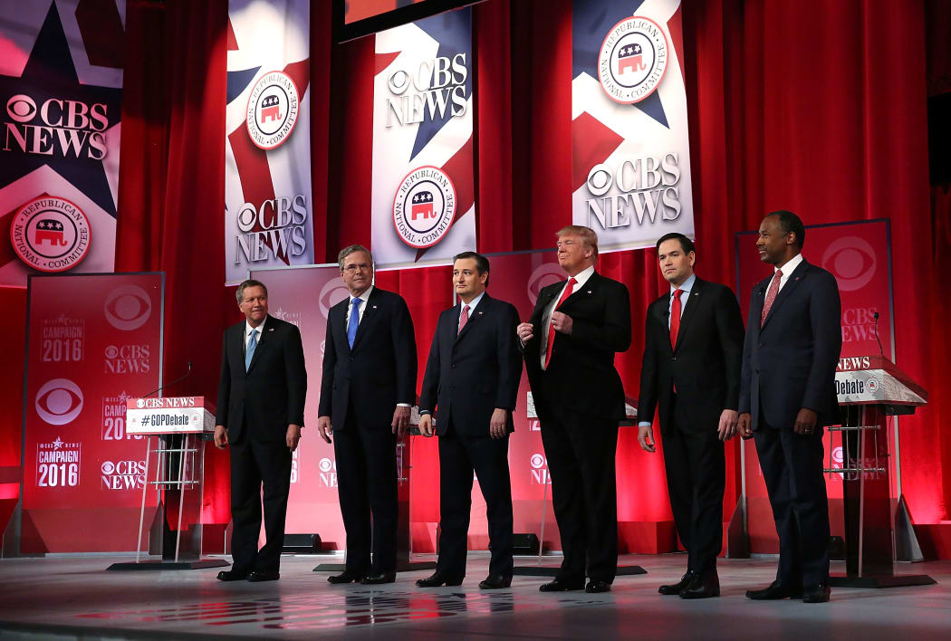 Republican presidential candidates (L-R) Ohio Governor John Kasich, Jeb Bush, Sen. Ted Cruz (R-TX), Donald Trump, Sen. Marco Rubio (R-FL) and Ben Carson at a debate in South Carolina.