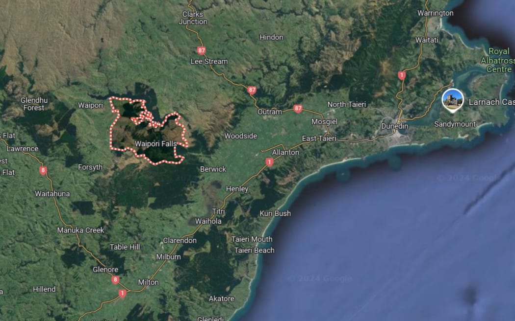 A map showing the location of Waipori Falls.