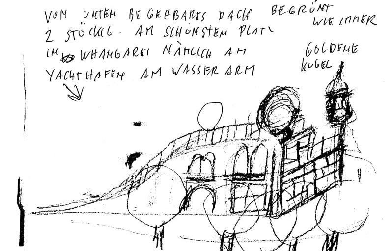 A sketched impression of the Hundertwasser Art Centre from 1993.