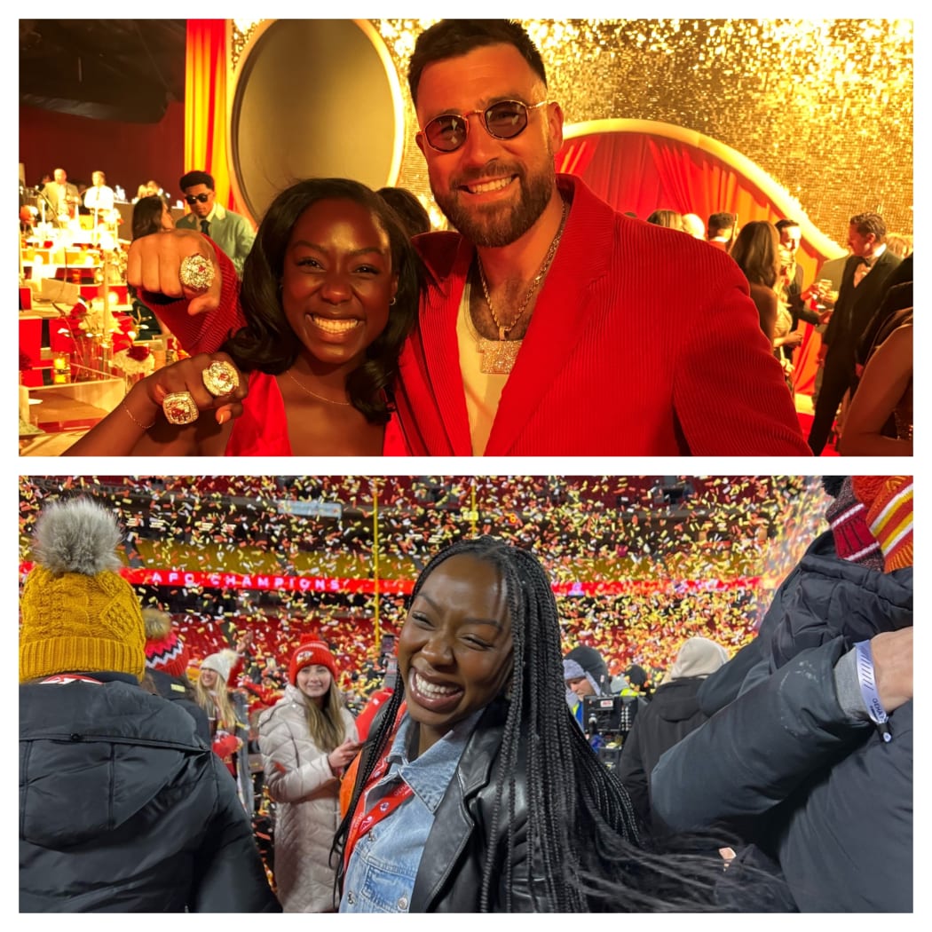image of Atipa Mabonga and Travis Kelce, Kansas City Chiefs' Super Bowl celebrations