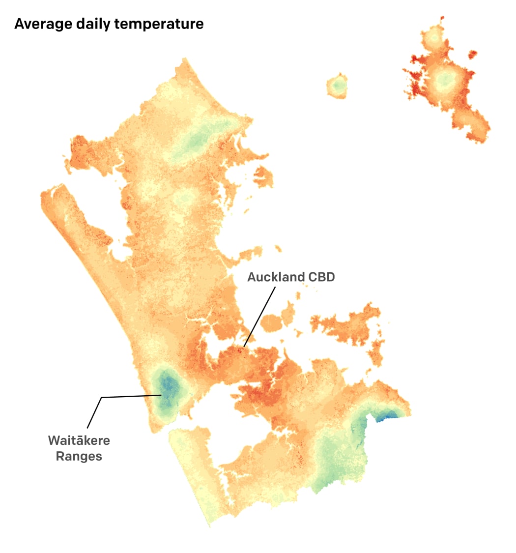 Map of Auckland showing varying average daily temperatures across the region