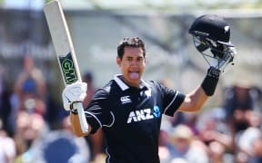 Black Caps Ross Taylor celebrates his 100 runs during the Third ODI cricket match between New Zealand and Sri Lanka.