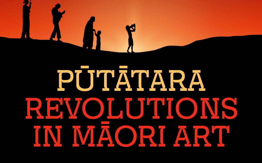 Silhouetted figures, including a flag bearer and a young person sounding a pūtātara (conch shell trumpet), walk along a ridge against a deep red sunset. The title reads: "Pūtātara: Revolutions in Māori Art" in golden yellow and red.