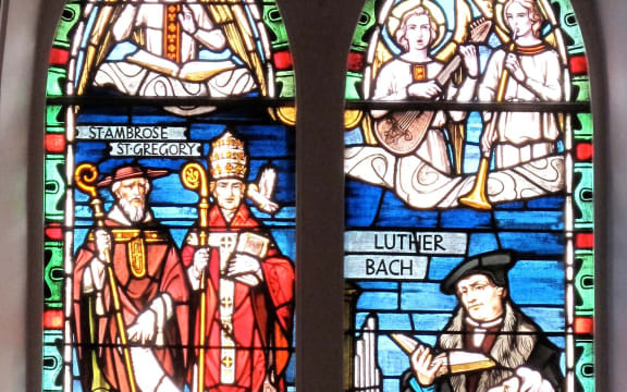 Church Music stained glass window at St. Matthew's Lutheran Church in Charleston, SC. Designed by the studio of Franz Mayer & Co. of Munich, Germany.