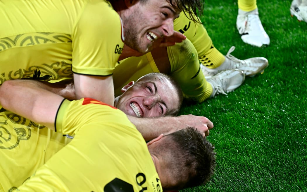 Finn Surman of the Phoenix celebrates after scoring a goal during the A-League - Wellington Phoenix FC v Melbourne Victory FC.